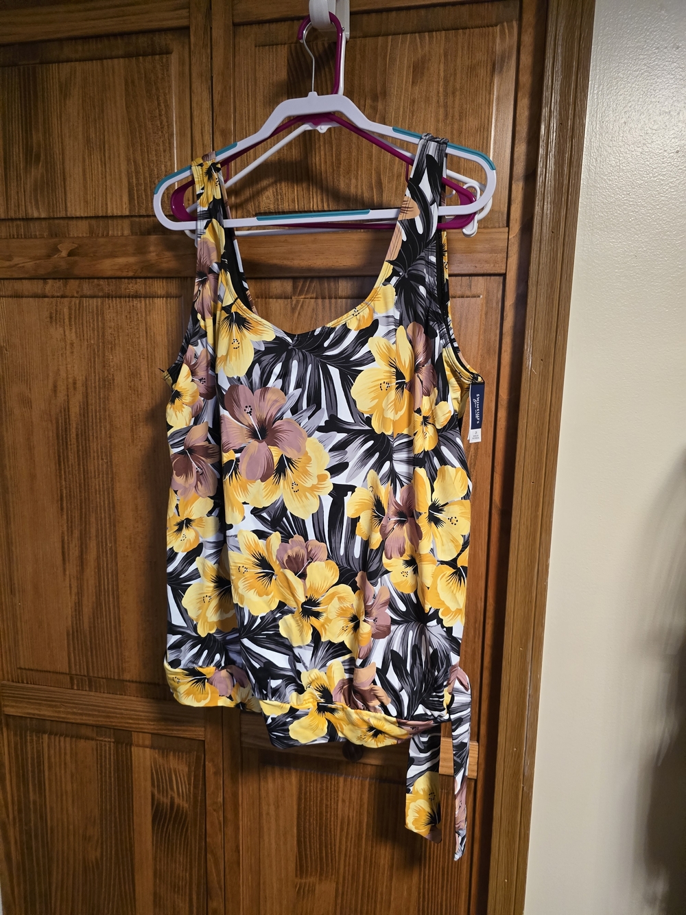 Swimsuits For All Yellow Floral One-Piece Tankini Blouson Top Qitg Side Tie